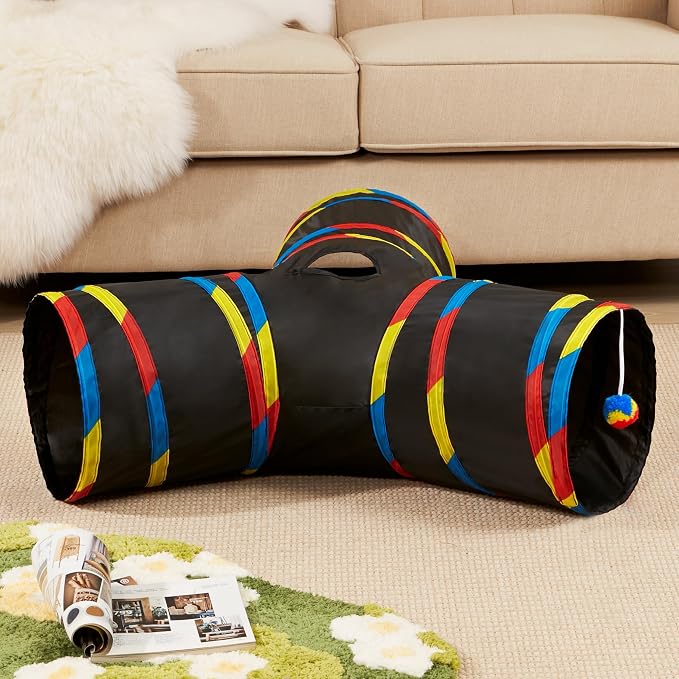 Tempcore Cat Tunnel for Indoor Cats, 3 Way Collapsible Pet Play Tunnel with Teaser Wand, Peek Holes & Hanging Ball, Interactive Tube for Kittens & Rabbits, Black & Rainbow