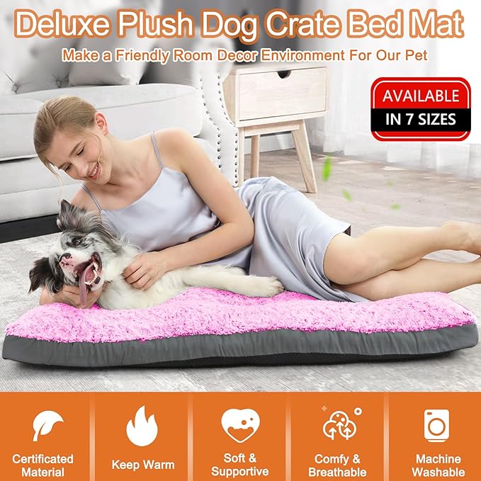 POCBLUE XL Dog Beds, Large Pet Bed for Crate, Washable Plush Dog Mat for Cages, Non-Slip Crate Pad for Outdoor/Indoor/Car Use, Comfy & Soft Kennel Pad for Dogs Up to 90 lbs, 41"x27", Pink