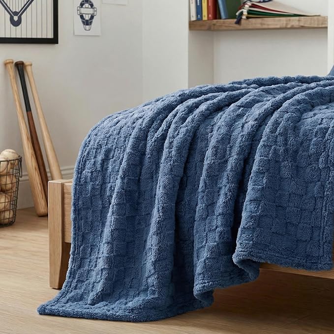 Americanflat 50x60 Jacquard Fleece Throw Blanket - Soft and Breathable Throw Blanket for Couch, Bed, Chair - Fleece Blankets Perfect for Home, Bedroom, or Outdoor Use - Checkered Design in Dark Blue