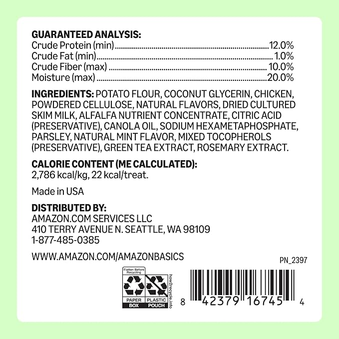 Amazon Basics Dental Dog Treats to Help Clean Teeth & Freshen Breath - Tiny (5-15 lbs), Unflavored (Previously Wag) (Pack of 2)