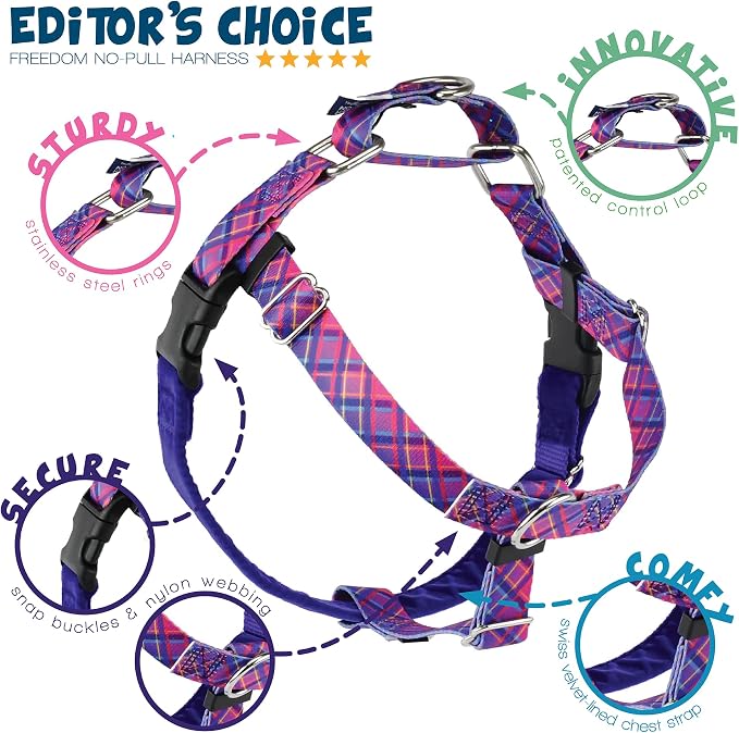 2 Hounds Design - Freedom No-Pull Harness & Training Leash in Pink and Purple | Dual Leash Loops, No Pulling on Walks | Lined to Prevent Chaffing | for Large Sized Dogs (Size M, Chest 24”- 28”)