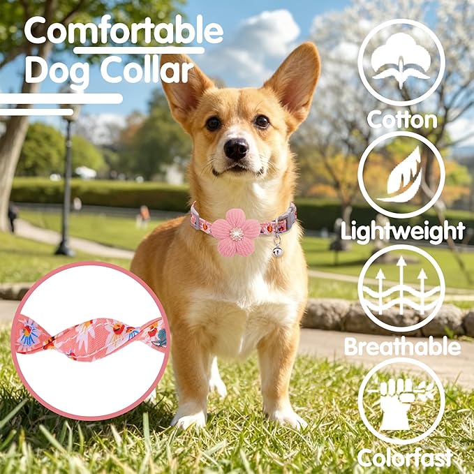 Small Dog Collar with Flower, Spring Dog Collar for Girl Dog Collars for Small Dogs Cute Dog Collar with Bell, Adjustable Length