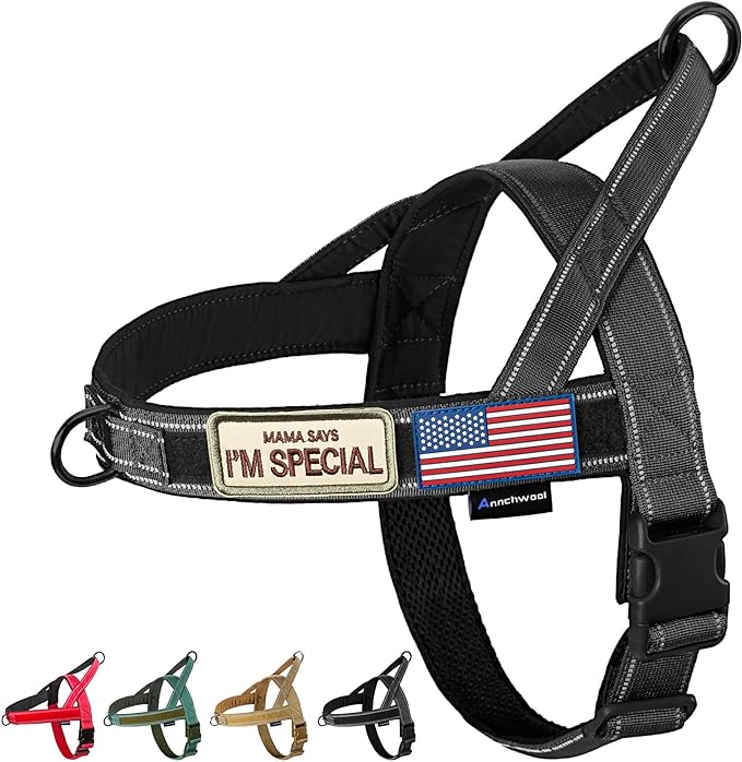 Annchwool No Pull Dog Harness with Soft Padded Handle,Reflective Strip Escape Proof and Quick Fit to Adjust Dog Harness,Easy for Training Walking for Small & Medium and Large Dog(Black,L)