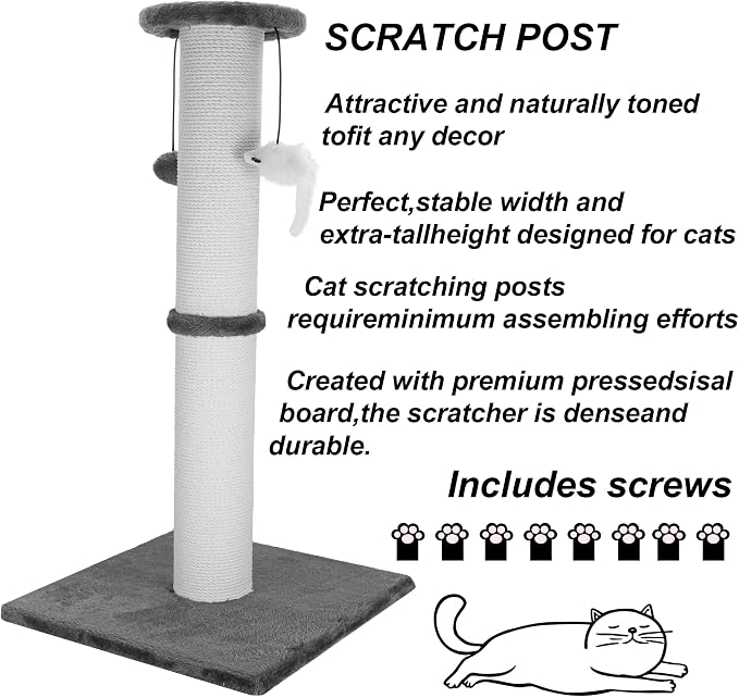 Cat Scratching Post 34 Inches Heavy Duty and Thicker Cat Scratching Post Cotton Rope with Hanging Ball and Mice Scratching Post for Indoor Cats and Adult(Grey)