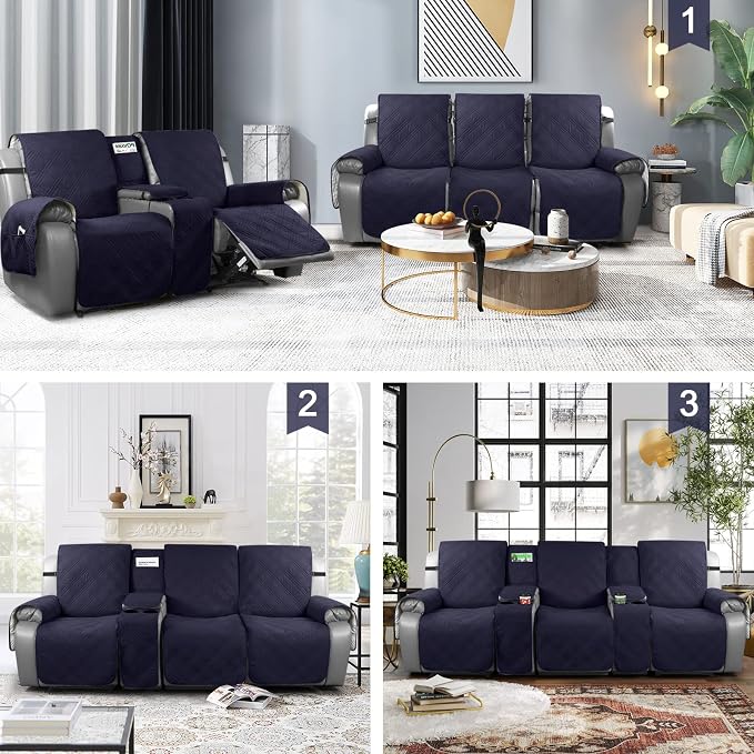 TAOCOCO 100% Waterproof Recliner Sofa Covers with Console, Couch Covers for Reclining Couches 3 Seat with Straps, Split Recliner Sofa Cover Furniture Pets Kids Protector (3 Seater, Navy Blue)