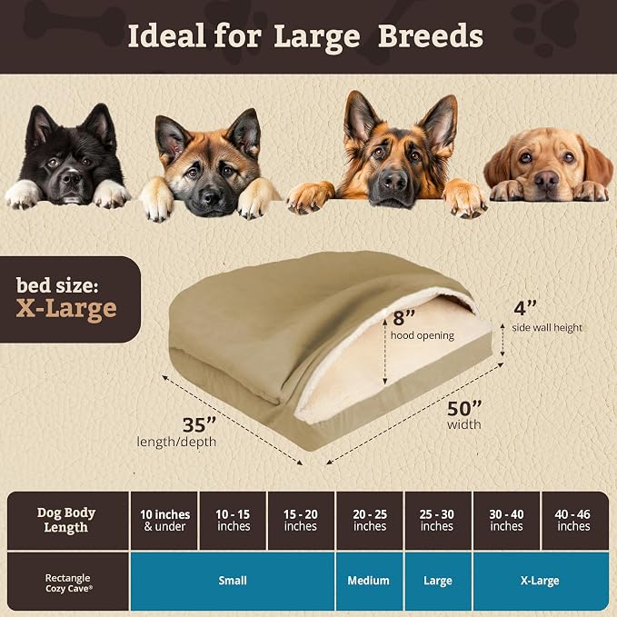 Snoozer Rectangle Cozy Cave Dog Bed - Indoor Dog Bed with Cover Cave, Covered Calming Burrow for Large Sized Pets with Blanket Attached, Enclosed, Washable Cover - XL, Khaki