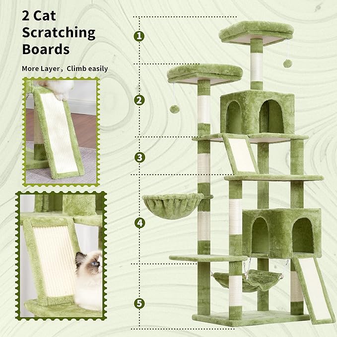 Gitelsnour Cat Tree for Indoor Cats, 71'' (180cm) Multi-Level Cat Tower for Large Adult, Sturdy Cat Tree House with 2 Scratching Boards 7 Posts, 2 Plush Perches/Condos, Hammock, Green GCT032GR
