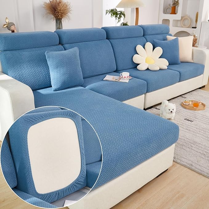 Yoovat Couch Cushion Covers for Sofa Couch Covers Wear-Resistant Universal Sofa Cover Washable Stretch for Sectional Slipcovers (Texture-Blue,Large Single Seat Cover)