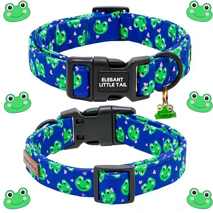 Elegant Little Tail Summer Dog Collar, Cute Green Frog Pattern Soft Cotton Pet Collars with Sturdy Quick Release Buckle Male Adjustable Pet Collar for Small Medium Large Dogs