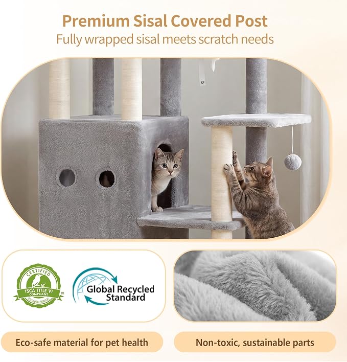 Heybly Cat Tree, 59.4" Secure Anti-Tip Cat Tower for Large Cats, Spacious Cat Furniture with Dual-Tier Cat Condo, 2 Top Perches, Hammock and Sisal Scratching Posts, Light Gray HCT055W