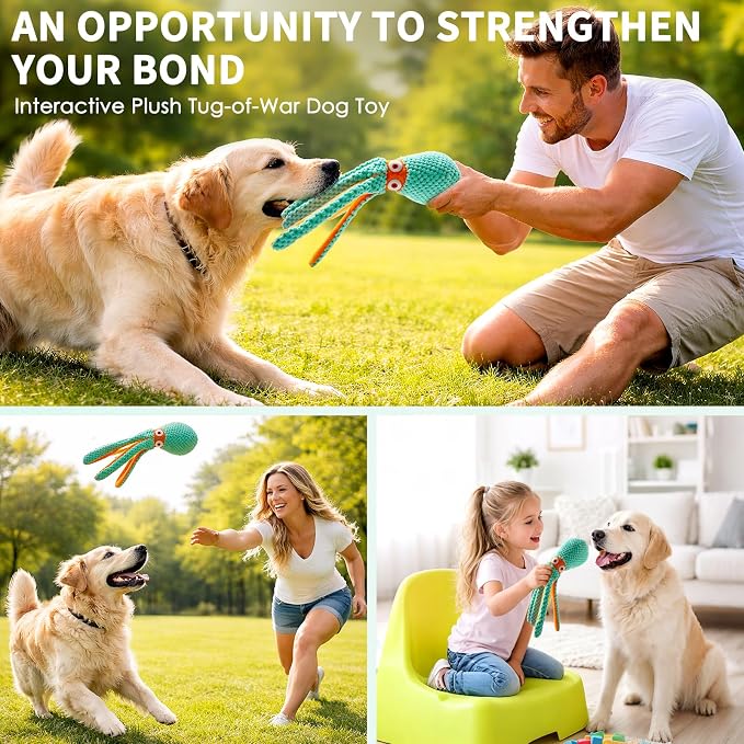 Fuufome Squeaky Octopus Plush Dog Toy for Small Medium Dogs, Soft Crinkle Chew Toy for Puppies Teething, Indoor Interactive Tug-of-War Dog Toy