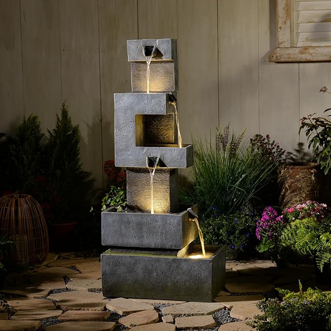 Sunlinua 48.4" H Outdoor Water Fountain with 4 Tiers Cascading Realistic Rock Waterfall Fountains with LED Lights Outdoor Water Fountain for Garden Patio Backyard Porch Home Decor