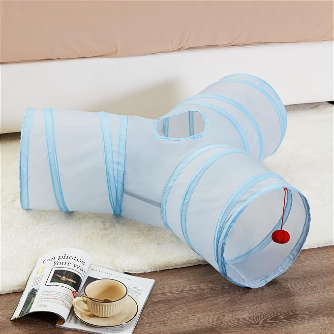 Tempcore Cat Tunnel for Indoor Cats, 3 Way Collapsible Pet Play Tunnel with Teaser Wand, Peek Holes & Hanging Ball, Interactive Tube for Kittens & Rabbits, Light Grey&Blue