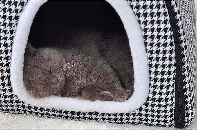 Cat Bed or Dog Bed,2 Ways to Use,Indoor Pet House with Fluffy Mat,Removable and Washable Cover,Non-Slip Bottom,for Cats and Small Dogs(S Black Cranes)