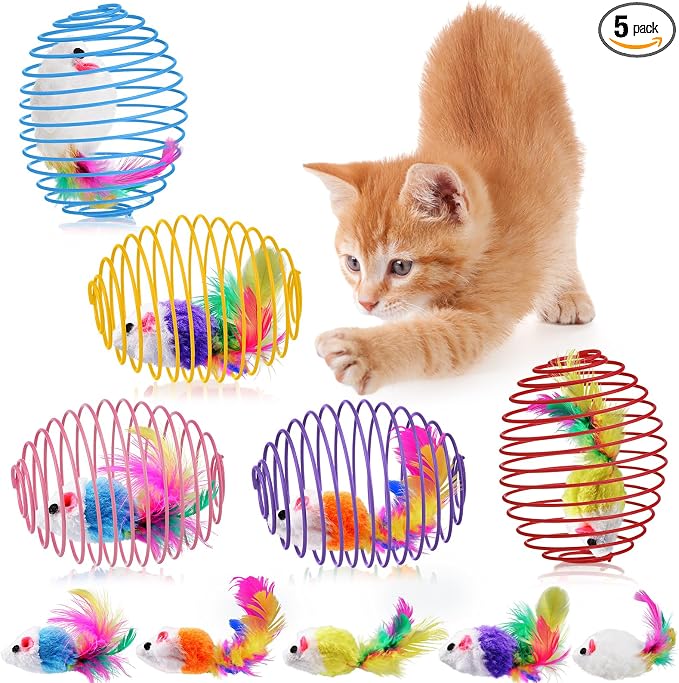 Jecery 5 Pcs Cat Spring Balls Toys Stretchable Rolling Balls Colorful Playful Coils Interactive Action Toy Caged Rats for Kitten Pet Supplies (Cute Mouse,Bright Color)