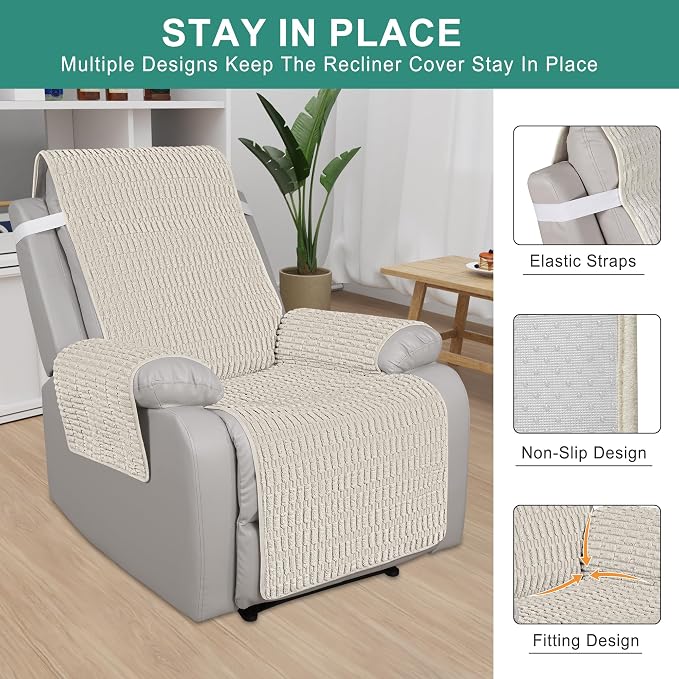 Foxdecor Recliner Chair Covers, Recliner Cover Non-Slip Chair Covers, Washable Recliner Couch Cover Furniture Protector, Cover for Recliner Chair with Elastic Straps. (Cream, 30" W)