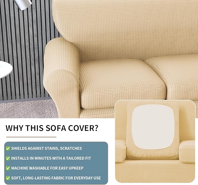 Stretch Couch Covers for 2 Separate Cushion Couch Sofa -Living Room Couch Sofa Cover,Washable Sofa Slipcover,Pet Friendly Furniture Protector with Elastic Bottom,Universal Fit for Home(Beige,Loveseat)