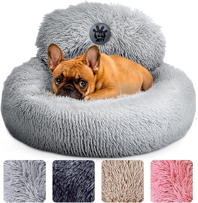 PetJett Small Dog Bed - 23'' Round Dog Beds, Calming Puppy Bed - Anti-Slip & Washable Super Soft Fluffy Plush Faux Fur Pet Bed, Anti-Anxiety Premium Comfort Donut Bed,Fits Dogs upto 25 lbs,Bright Gray