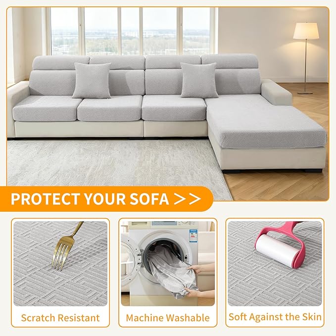 XINEAGE Chaise Cover for L Shaped Sofa,Sectional Couch Covers for Pets,Non Slip Sofa Seat Cover Washable,Sofa Slipcovers with Elastic Bottom(1 Piece Chaise Cover,Sliver Grey)