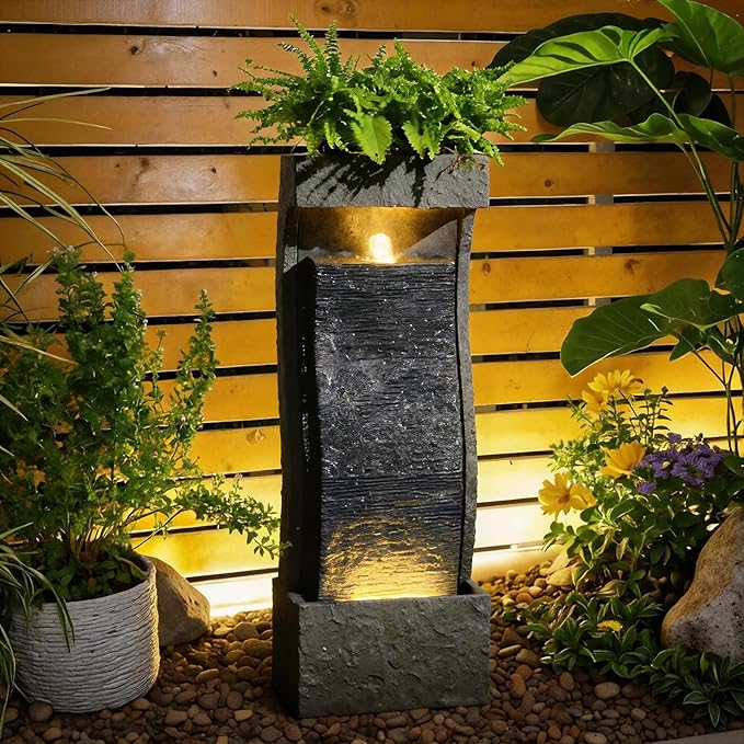 Sunlinua 35H Modern Outdoor Water Fountain with Warm Light Garden Cascading Waterfall Feature for Indoor or Outdoor Cascading Waterfall for Relaxing Garden Patio Backyard Deck Porch or Home Décor