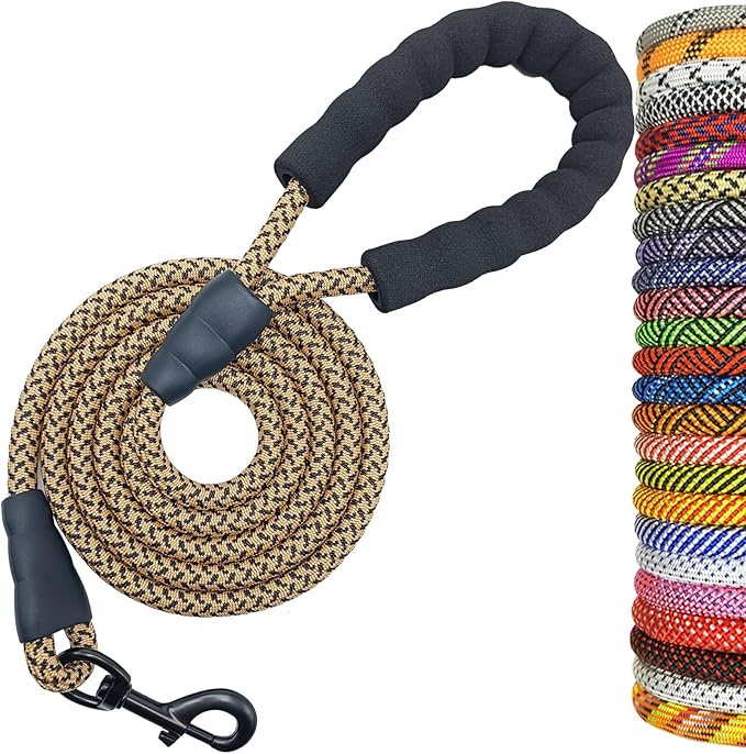 MayPaw Heavy Duty Rope Dog Leash, 3/4/5/6/7/8/10/12/15/20 FT Nylon Pet Leash, Soft Padded Handle Thick Lead Leashes for Large Medium Dogs (Brown, 1/2" * 8')