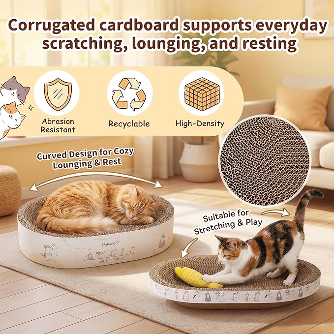 PatiencET 3-in-1 Cat Scratcher Cardboard Set for Indoor Cats, Cat Lounge Box with Wide & Slim Oval Cat Beds, Corrugated Cat Scratching Board for Furniture Protection, Rest & Play