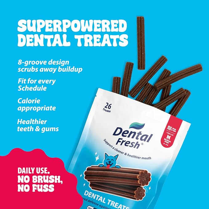 Dental Fresh Dental Treats for Medium Dogs, Vet-Formulated Teeth Cleaning Dental Sticks to Help Reduce Plaque and Tartar and Freshen Breath, 26 Count Brush Free Dental Chews for Dogs 26 to 49 lbs