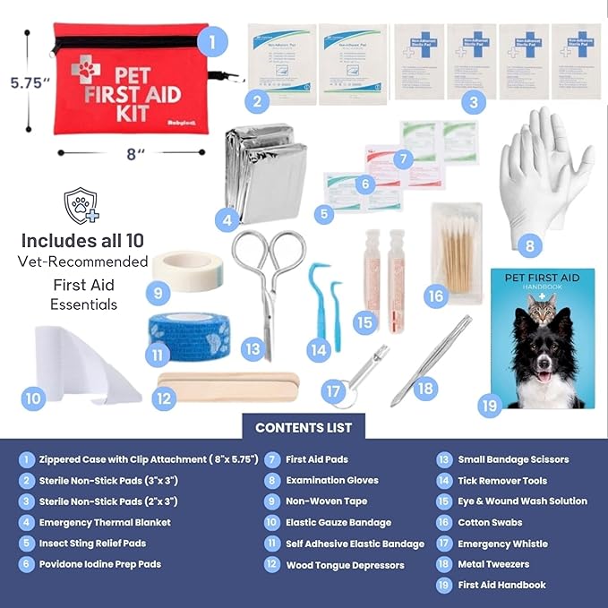 Dog First Aid Kit - Vet Approved Emergency Supplies - Pet First Aid Kit Guide, Tick Remover, Thermal Blanket & More - Compact Dog Gear for Hiking, Camping & Backpacking (Travel Pack)