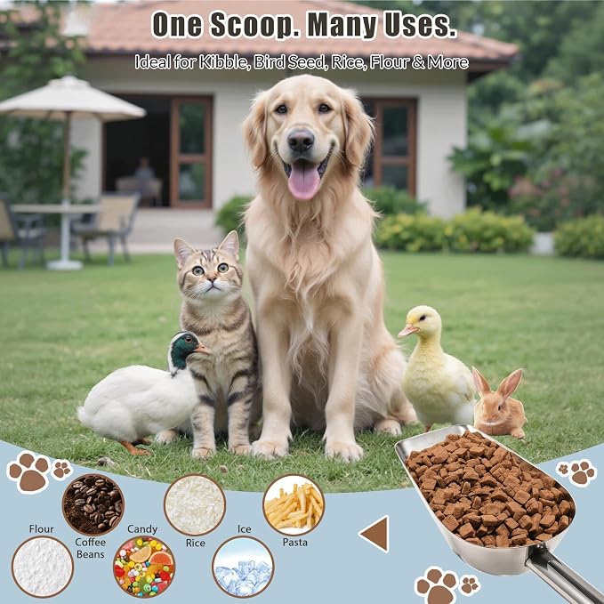 Dog-Cat Food Scoop 3/4 Cup, SSyang Thickened 304 Stainless Steel Pet Food Scoop with Long Handle, Precision Scale, Easy to Clean, Suitable for Wet and Dry Food