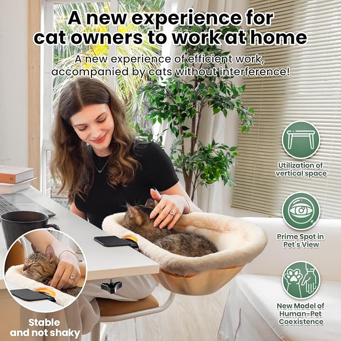 JUNSPOW Cat Desk Bed - One-Click Folding,Sunken Design & Space-Saving Semi-Circular Cat Bed, Soft Faux Rabbit Fur Material, Suitable for Various Desktops-Maximum Hold Up to 40lb
