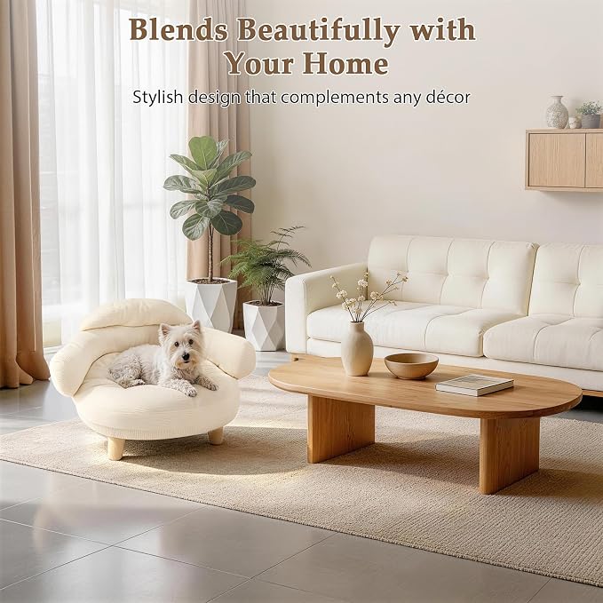 Cat Sofa Furniture-Style Pet Bed with Removable Cotton Velvet Cover, Solid Pine Wood Legs, for Cats and Small Dogs, White