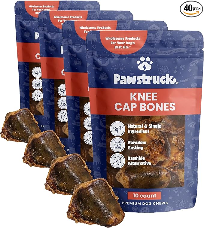 Pawstruck Natural Knee Cap Dog Bones - Treats for Aggressive Chewers, Low Fat & High Protein Chews, Beef Flavor, Long-Lasting Rawhide Alternatives - 40 Pack, Packaging May Vary
