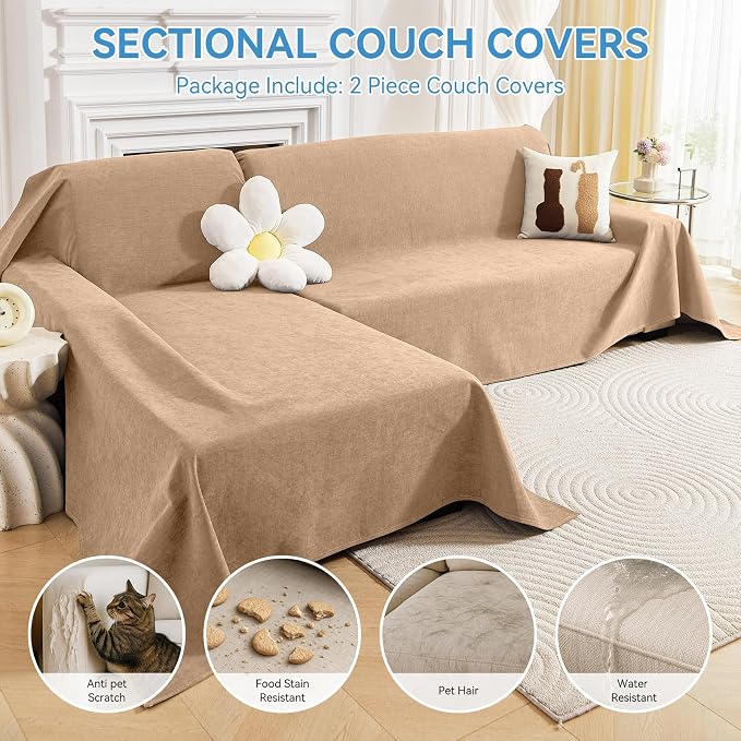 Deep Dream Sectional Couch Covers, 2 Pieces 100% Waterproof L Shaped Sofa Cover, Non Slip Couch Cover for Dogs Cats Washable, Pet Friendly Sofa Slipcovers Furniture Protector (X-Large, Brown)