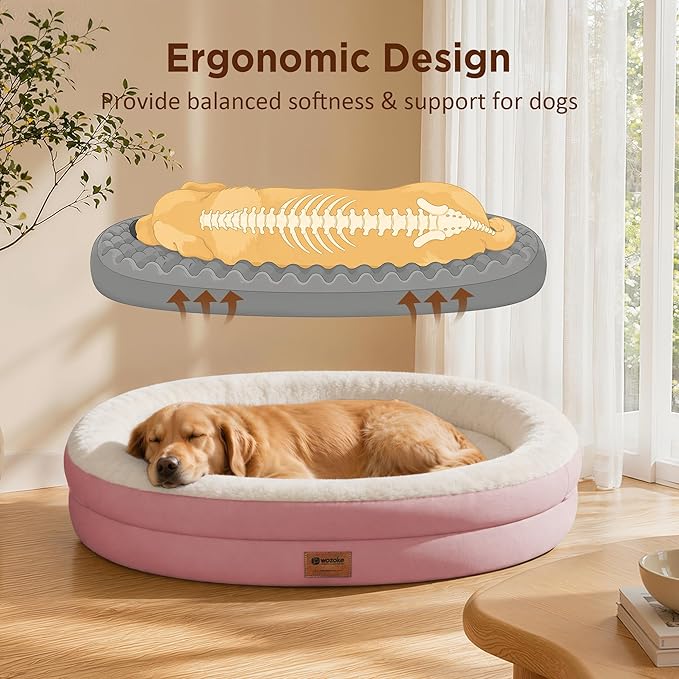 Orthopedic Dog Bed for Large Dogs, Waterproof Dog Bed for Large Size Dogs with Bolsters, Egg Crate Foam Sofa Bed with Washable Removable Cover & Non-Slip Bottom, Pink