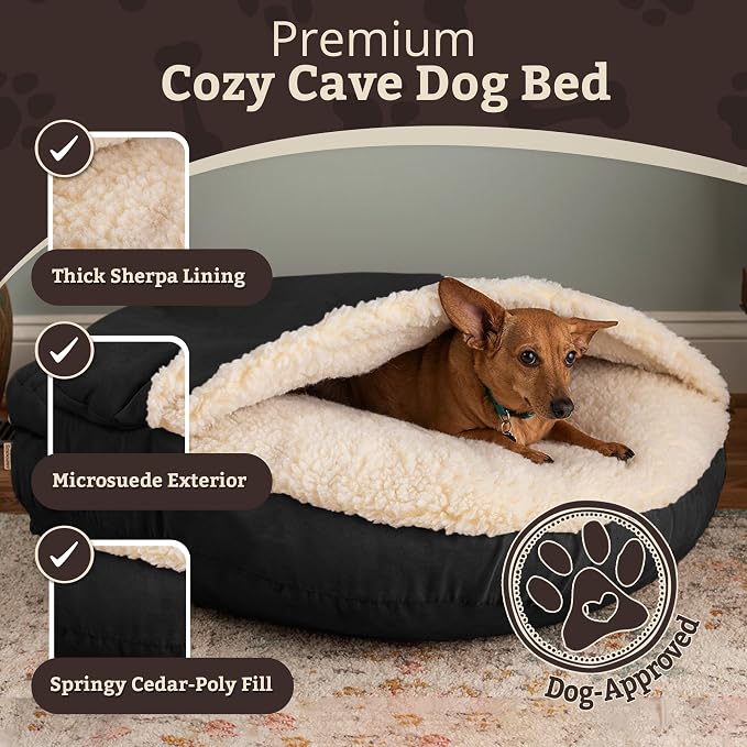 Snoozer Cozy Cave Dog Bed - Indoor Dog Bed with Cover Cave, Covered Calming Burrow for Small Sized Pets with Blanket Attached, Enclosed, Removable Washable Cover - Small, Black