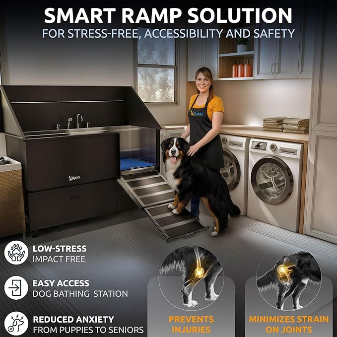 KANIS Professional Dog Washing Station 304 Stainless Steel Pet Wash Sink & Grooming Bathtub w/Shower, Floor Grates and Storage for Large, Medium & Small Pets (Black, 61 Inches, Right Ramp, 2 Drawers)