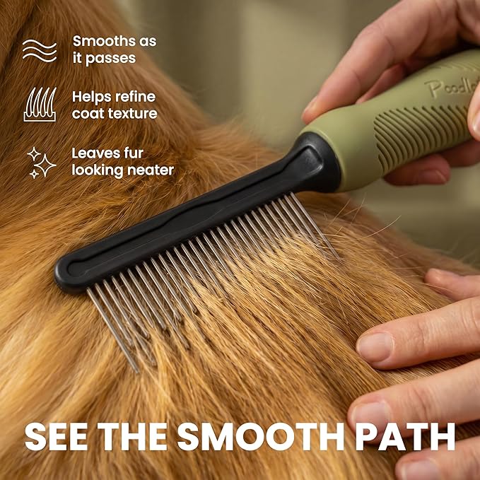 Poodle Grooming Comb - Metal Dematting Comb with Long & Short Stainless Steel Teeth for Removing Matted Hair & Knots, Safe and Gentle for Dogs & Cats (Green)