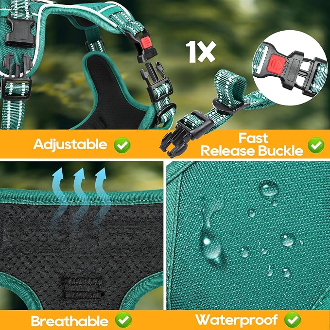 Timos Dog Harness Medium Sized, No Pull Pet Harness with Neck Lockable Snap, No Choke Front Clip Reflective Vest, Adjustable Metal Rings 3 Buckles, Easy Control Handle for Medium Dogs Grass Green M