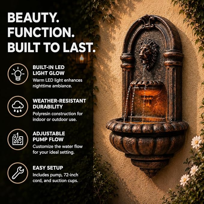Teamson Home 32.1 in. Wall-Mounted Lion Head Stone LED Outdoor Water Fountain for Gardens, Landscaping, Patios, Balconies, Lawns to Create a Calming Oasis in Outdoor Living Spaces, Antique Bronze