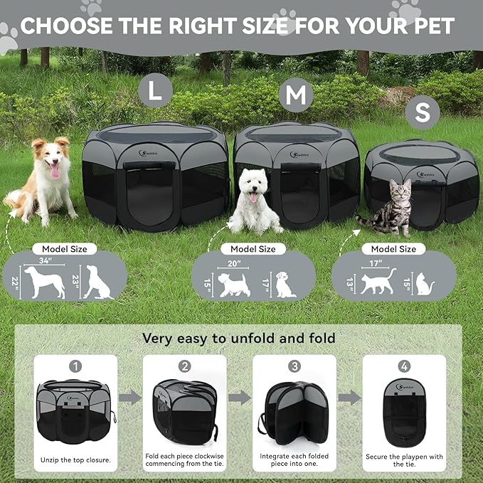 Pink Puppy Playpen for Middle Dog Cat, Dogs Tent Crate Cage Indoor/Outdoor, Portable Pop Up Dog Kennel with Carrying Bag for Rabbits, Removable Top (Dark Grey with Pad, Medium)