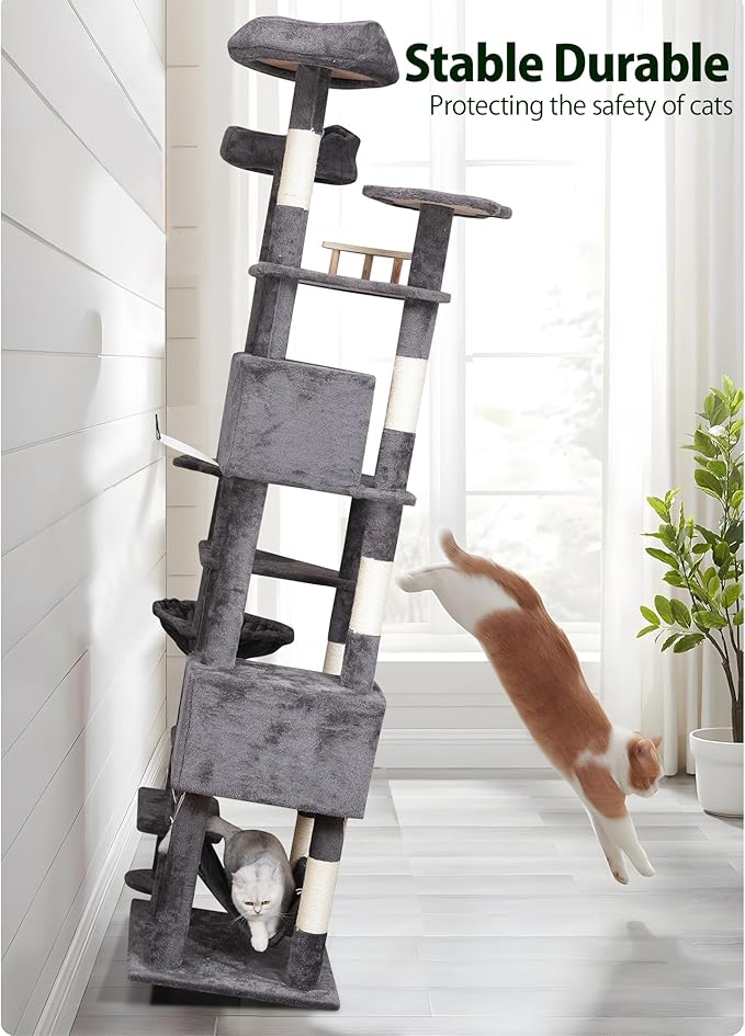 Meecal 79in Giant Cat Tree for Heavy Duty Big Cats, Large Cat Trees with Scratching Post, Cat Tree Tower with Cat Condos, Hammock & Plush Perch for Maine Coon, Smoky Gray