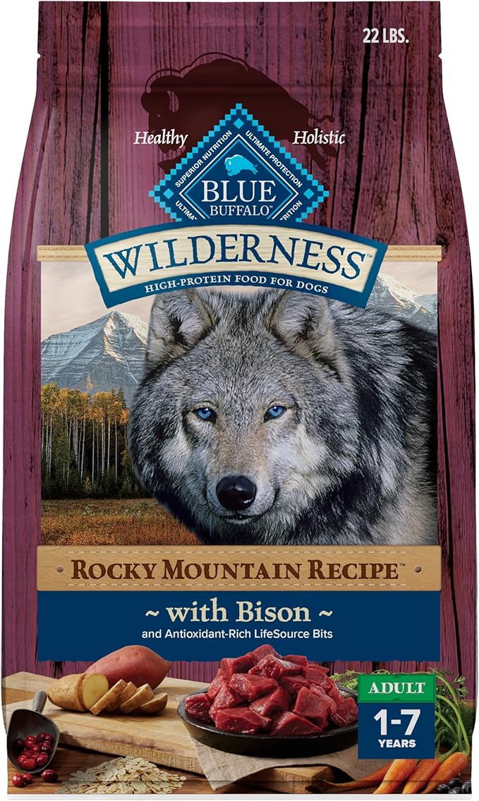 Blue Buffalo Wilderness Rocky Mountain Recipe with Bison High Protein & Wholesome Grains Dry Dog Food for Adult Dogs, 30% Protein, Supports Immunity with Antioxidant-Rich LifeSource Bits, 22 lbs.