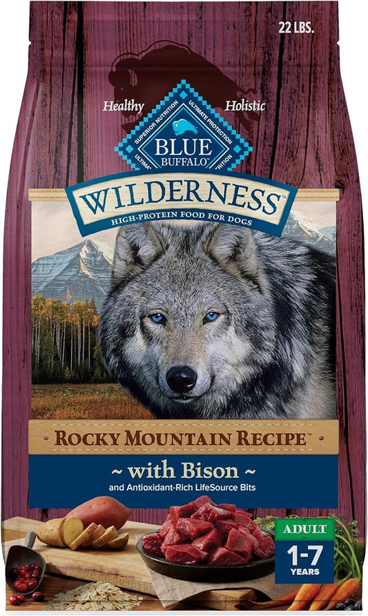 Blue Buffalo Wilderness Rocky Mountain Recipe with Bison High Protein & Wholesome Grains Dry Dog Food for Adult Dogs, 30% Protein, Supports Immunity with Antioxidant-Rich LifeSource Bits, 22 lbs.
