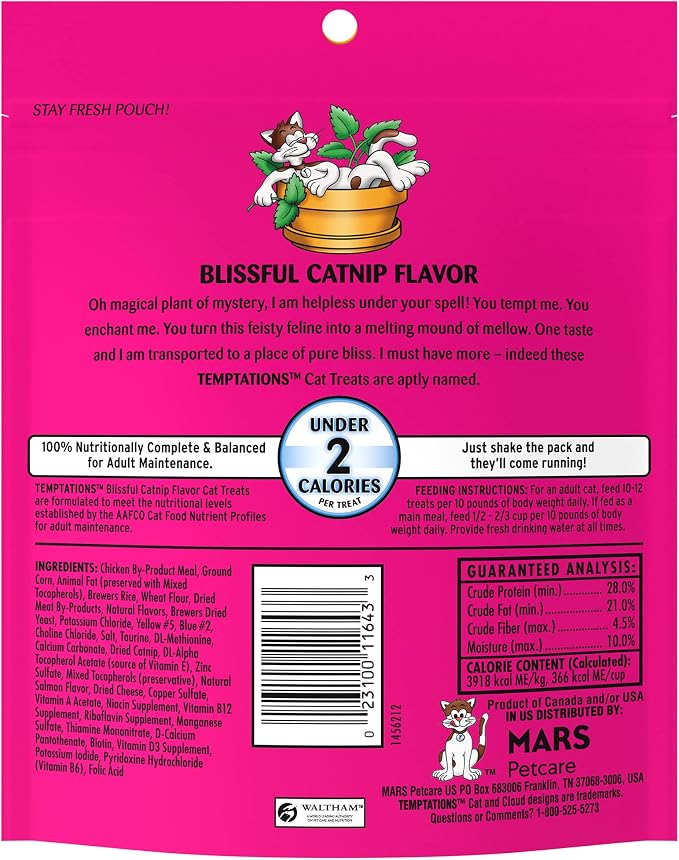 Temptations Cat Treats, Classic Crunchy and Soft Cat Treats, Blissful Catnip Flavor, Catnip Treats, 6.3 oz. Pouch (Pack of 10)