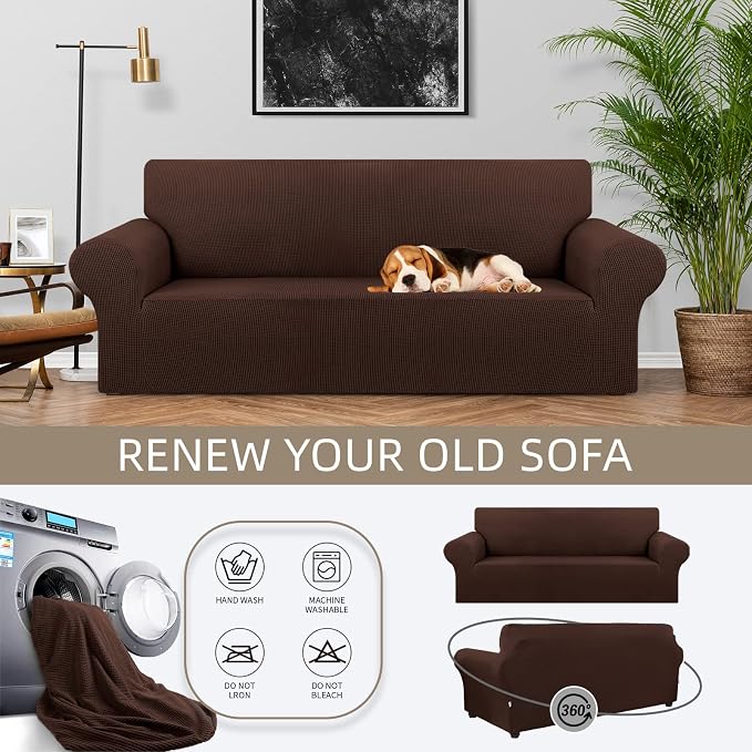 KEKUOU Stretch Sofa Cover Slipcover ，Couch Covers for 3 Cushion Couch Sofa pet Friendly (78"-94") Furniture Protector Sofa with Elastic Bottom for Kids,Dog, Jacquard Small Checked(Large,Chocolate)