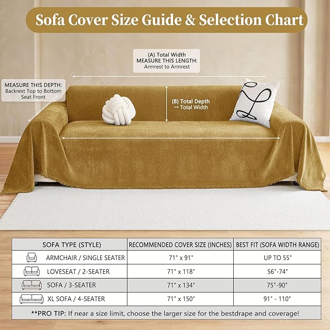 hyha Couch Cover for Dogs, Boho Sofa Covers for 3 Cushion Couch Washable, Chenille Sofa Slipcover for Pets, Soft Loveseat Sectional Couch Throw Blankets with Tassels (Yellow, 88.5x118 Inch)