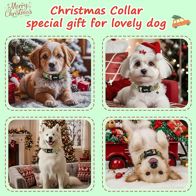 Christmas Dog Collar for Small Dogs, Adjustable Green Small Dog Collars with Gingerbread Man Pattern, Cute Dog Christmas Collar for Dogs, Winter Holiday Dog Collar for Girl Boy Dog-S