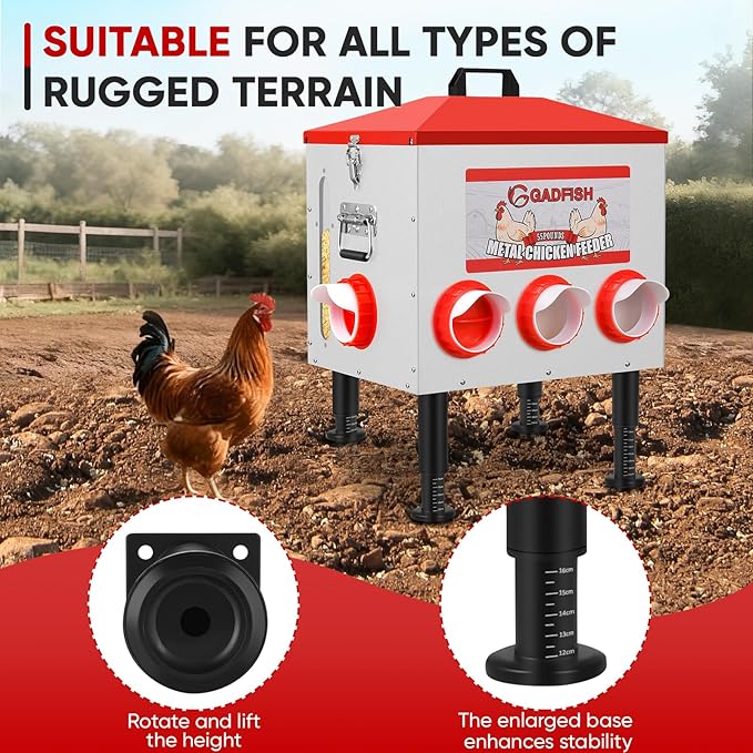 GADFISH 55 lbs Large Capacity Automatic Chicken Feeder - 8 Feeding Ports, No Waste Chicken Feeder, Height-Adjustable Legs & Secure Locking Lid for Chickens, Ducks & Poultry