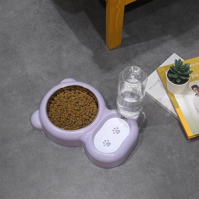 Double Dog Cat Bowls, Cat Food and Water Bowl Set with Auto-Water Dispenser and Stainless Steel Bowl Feeder for Small Size Dogs & Cats, Anti-Slip & Splash Design, Cute Purple