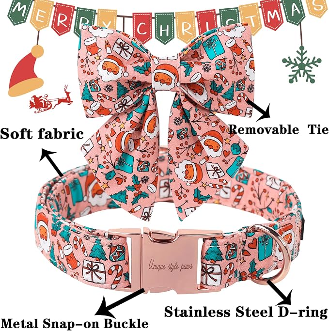 Unique Style Paws Christmas Day Dog Collar with Bowtie Pink Christmas Man Cotton Puppy Collars for Small Medium Large Dogs